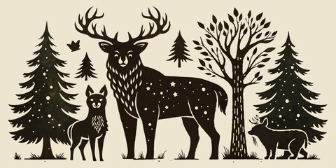 Linocut forest animal set, vector wildlife silhouette nature grunge engraving print collection. Vintage woodcut mammals, grisly bear, deer antlers, fox, rabbit, owl stamp. Boho linocut animal outline