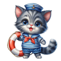 Cartoon sailor cat, a cat in a sailor costume, a cat with a lifebuoy