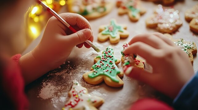 Decorated Christmas cookies being crafted by a child's hands during a festive holiday baking session