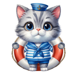 Cartoon sailor cat, a cat in a sailor costume, a cat with a lifebuoy