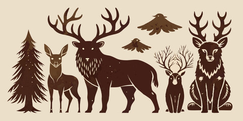 Linocut forest animal set, vector wildlife silhouette nature grunge engraving print collection. Vintage woodcut mammals, grisly bear, deer antlers, fox, rabbit, owl stamp. Boho linocut animal outline