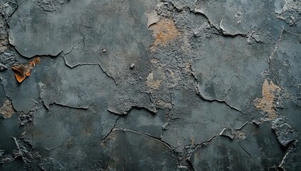 An urban street with gray concrete surfaces and leaking paint with rust and dirt in the background
