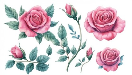 On a white background, a set of watercolor arrangements with pink flowers, leaves, and branches are arranged together with garden roses