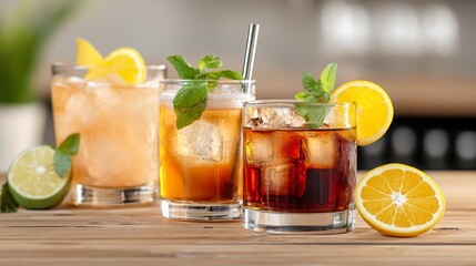 Fototapeta premium Mixed drinks with cola, whiskey, and citrus garnishes on a wooden bar counter, Cuba Libre cocktails, Vibrant and refreshing cocktails perfect for a night out