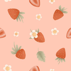 Summer seamless pattern design with wild strawberries and flowers, seasonal strawberry wallpaper, cute design for fabric, interior decor, wrapping paper