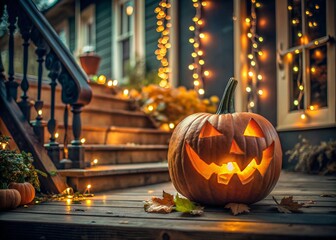 halloween pumpkin on the porch of a house