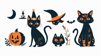 Fototapeta premium Design Vintage Color illustrations of spooky Halloween Cute Cat in various activities ,with bold lines and simple design, placed on a white background 