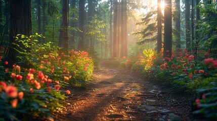 Fototapeta premium A lush forest in spring, filled with blooming flowers, towering trees, and dappled sunlight filtering through the leaves, creating a vibrant and lively atmosphere 