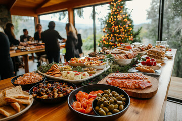 Obraz premium Friends and family enjoy a festive meal surrounded by a table filled with seasonal dishes and a twinkling Christmas tree.