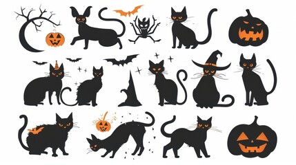 Design black silhouette illustrations of spooky Halloween Cute Cat in various activities ,with bold lines and simple design, placed on a white background 