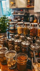 Spices in Glass Jars on Kitchen Counter.