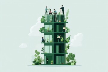 Creative Team Designing Eco-Friendly Green Building - Vector Illustration in Hand-Drawn Style