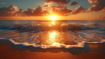 Fototapeta premium A serene beach at sunrise, with golden sand, gentle waves, and the first light of the day reflecting off the calm ocean, evoking a sense of tranquility and peace