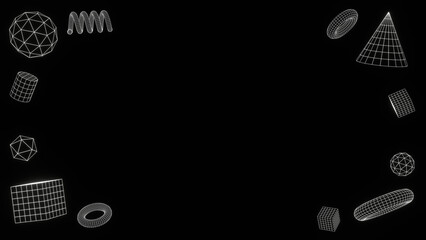 3d render set of cyber futuristic wireframe grid white geometry math shape objects on black background isolated. Back to school sphere, cube, hexagon minimalistic web net background illustration