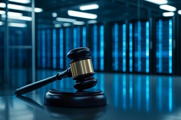 A judicial gavel is placed on a desk, surrounded by high-tech servers emitting a soft blue glow, symbolizing the intersection of law and technology