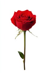 A stunning red rose, symbolizing love and beauty, standing elegantly against a white background for a perfect floral presentation.
