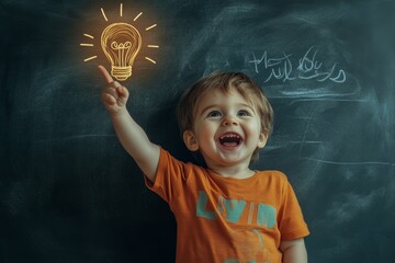 A joyful toddler boy wearing a bright shirt excitedly points to a light bulb graphic as he engages with learning in a vibrant classroom setting