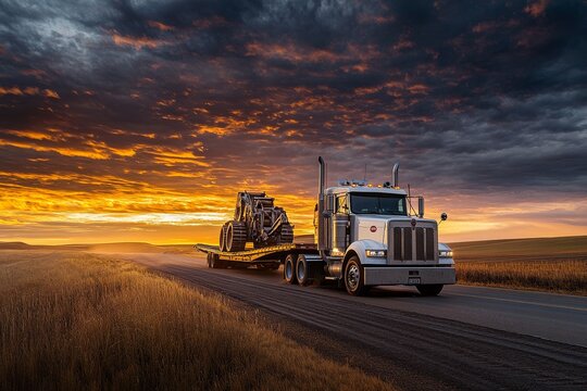 A large white truck hauls heavy machinery on a flatbed trailer along a rural road during sunset, surrounded by golden fields and dramatic clouds