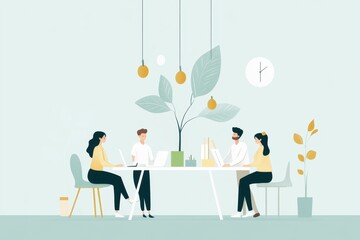 Creative Team Designing Eco-Friendly Office Space - Vector Illustration in Hand-Drawn Style