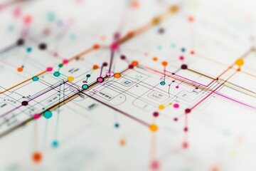 A detailed view of a subway map features vibrant lines and dots representing different stations, demonstrating the complexity of urban transit systems