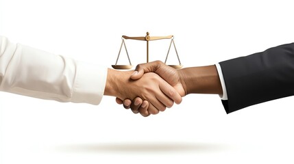 A symbolic handshake between two individuals, representing agreement and justice, with a scale in the background.