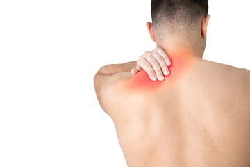 Obraz premium Rear view of a shirtless young man holding his neck in pain isolated on white background, man giving himself a massage on his neck, 