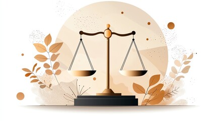 Elegant balance scale illustration symbolizing justice, fairness, and law with soft color tones and nature elements.