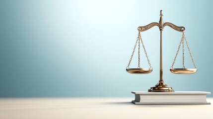 Symbol of justice with a brass scale atop a book, representing law, fairness, and legal principles in a minimalist setting.
