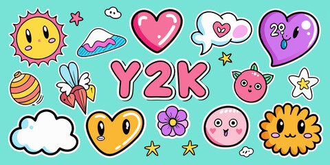 Bubble y2k sticker set, vector groovy playful shape kit, funky cute tattoo print, heart, bunny. Minimal funny balloon comic object, cartoon flowers, clouds, words, dog. Bubble sticker collection