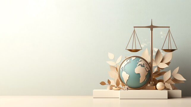 Symbolic representation of justice and balance with a globe and scales, ideal for legal concepts and global harmony themes.