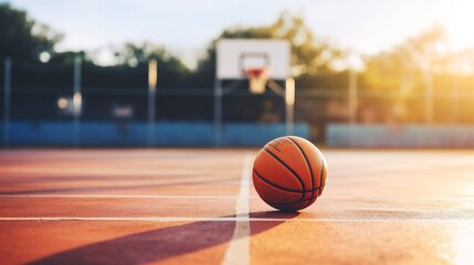 A photo of a basketball on an outdoor court.