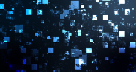 Square boxes falling abstract grid futuristic science crypto bg.Big data machine learning nlp natural language processing model visualization. Conceptually connected currency exchange global bg.