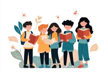 Obraz premium Vibrant Student Discussion on Literature - Vector Hand-drawn Illustration of Colorful Group Talking About a Book for Education Concept.