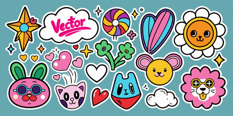 Bubble y2k sticker set, vector groovy playful shape kit, funky cute tattoo print, heart, bunny. Minimal funny balloon comic object, cartoon flowers, clouds, words, dog. Bubble sticker collection