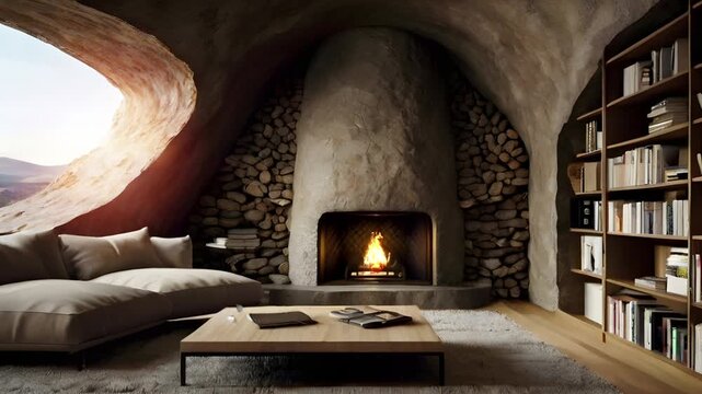Living room decoration inside a cave with a fireplace and carved windows. Seamless 4K looping timelapse video animation