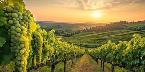Naklejka premium Lush Vineyard in Summer Ideal for Wine Enthusiasts