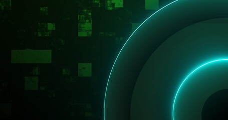 Futuristic circle neon background. Neon 3d circle moving with boxes grid-like falling. Nightclub glowing shiny ellipse dancing. Disco night club elegant beautiful innovation loop. Music background.