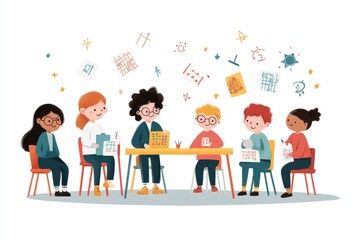Fototapeta premium Hand-drawn Vector Illustration of Diverse Students Engaged in a Colorful Math Workshop for Education and Problem-Solving Concept