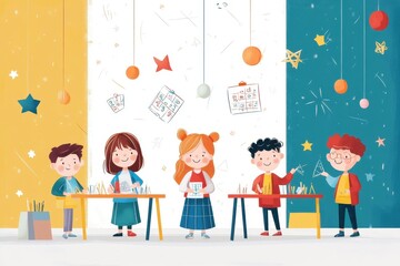 Fototapeta premium Colorful Hand-Drawn Vector of Students Engaged in a Math Workshop for Education and Problem-Solving
