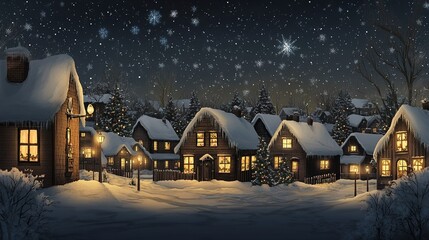 Snow-covered village at night with glowing lanterns and falling snowflakes