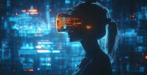 Obraz premium Silhouette of an Explorer Interacting with Futuristic Virtual Reality Holographic Interfaces, Immersed in the Digital Future's Interactive Experiences and Technology Advancements,Abstract Art