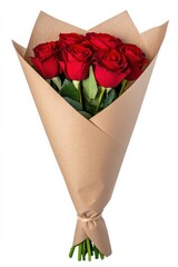 Beautiful bouquet of red roses wrapped in brown paper, perfect for gifting on special occasions.
