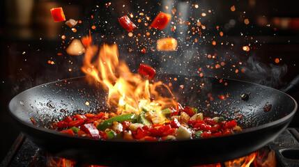 A dynamic and fiery culinary image capturing vegetables being tossed in a pan, bursting with vibrant colors and motion, evoking the excitement and energy of cooking.