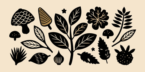 Linocut forest branch set vector engraving Scandinavian leaf, mushroom, cones black print collection. Autumn nature woodcut silhouette, season twig botanical object kit. Linocut branch texture stamp S