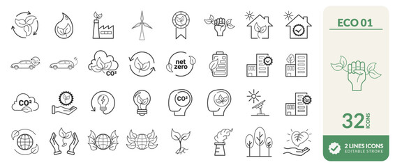 Set of icons with ecology information ECO nature health ecological diversity sustainable practice sustainability wind solar energy and others