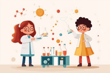 Vibrant Chemistry Discovery - Illustrative Students Engaging with Colorful Chemistry Sets in Vector Hand-Drawn Style for Science Education Exploration