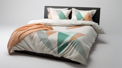 A photo of a bed with a geometric-patterned comfort