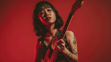 A performer captivates the audience, strumming an electric guitar in vibrant red lighting