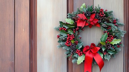 Naklejka premium Elegant holiday wreath adorned with red ribbons and pinecones on a wooden door during winter
