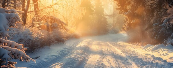 Naklejka premium Sunlit Path Through a Snowy Winter Forest